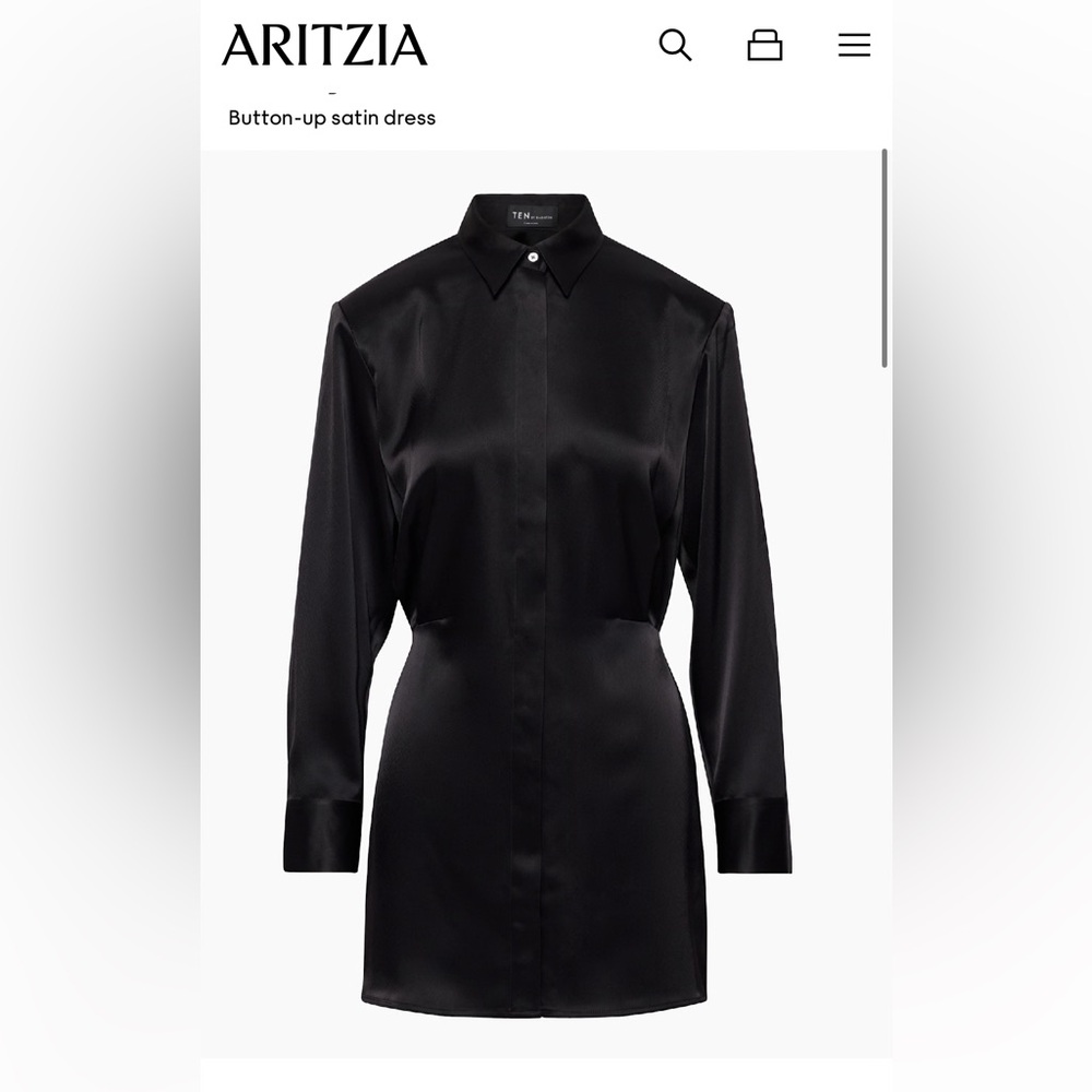 TEN by Babaton -Aritzia- Black Long Sleeve Button Up Collared Satin Shirt Dress